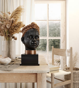 Olokun Head Black and Antique Gold Tinted Ornament with black square stand