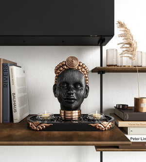 Olokun Head Black and Antique Gold Tinted Ornament with Antique gold tinted decorative tray