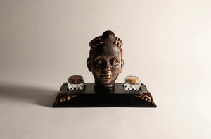 Olokun Head Antique Gold Ornament with black and antique gold-tinted decorated base