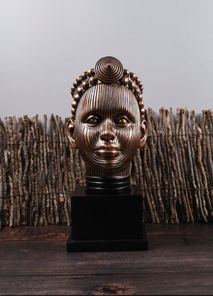 Olokun Head Antique Gold Ornament with black square stand