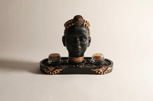 Olokun Head Black and Antique Gold Tinted Ornament with Antique gold tinted decorative tray