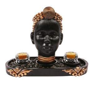 Olokun Head Black and Antique Gold Tinted Ornament with Antique gold tinted decorative tray