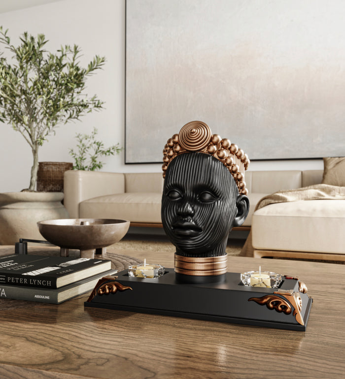 Olokun Head Black and Antique Gold Tinted Ornament with black and antique gold-tinted decorated base