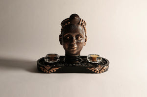 Olokun Head Antique Gold Ornament with black and antique gold tinted decorative tray