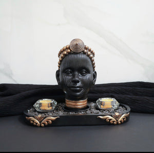 Olokun Head Black and Antique Gold Tinted Ornament with Antique gold tinted decorative tray