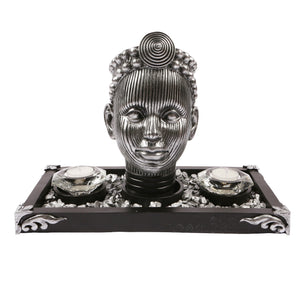 Olokun Head Platinum Silver Ornament with black and silver tinted decorative tray.