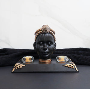 Olokun Head Black and Antique Gold Tinted Ornament with black and antique gold-tinted decorated base