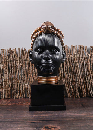 Olokun Head Black and Antique Gold Tinted Ornament with black square stand