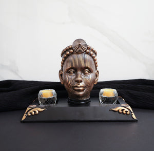 Olokun Head Antique Gold Ornament with black and antique gold-tinted decorated base